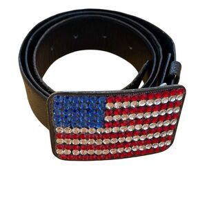 Kathe‎ Helander Womens Crystal American Flag Buckle Leather Belt Black